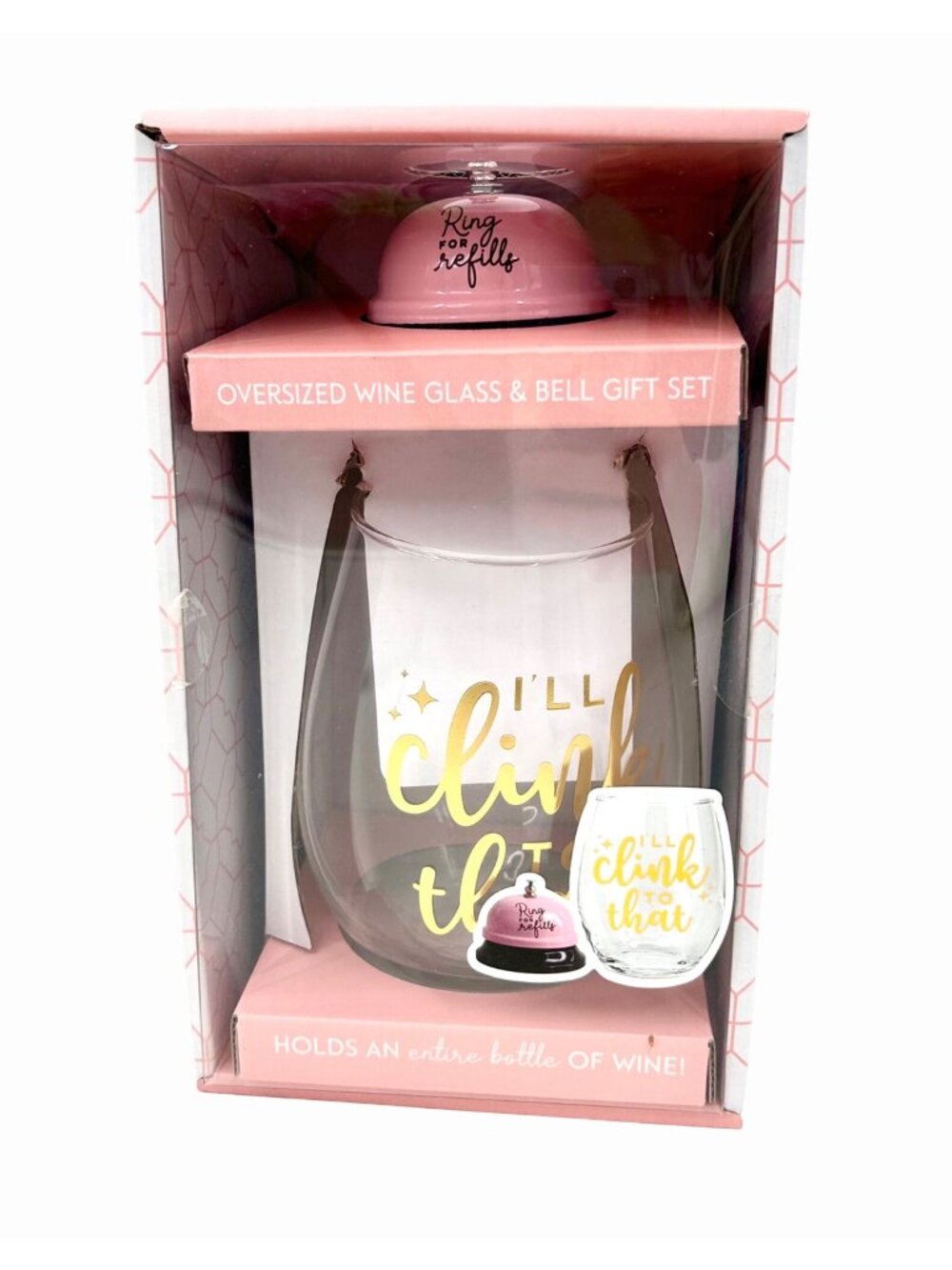 NIB OVERSIZED 30 OZ WINE GLASS & PINK RING BELL CLINK TO THAT WINE GIFT SET